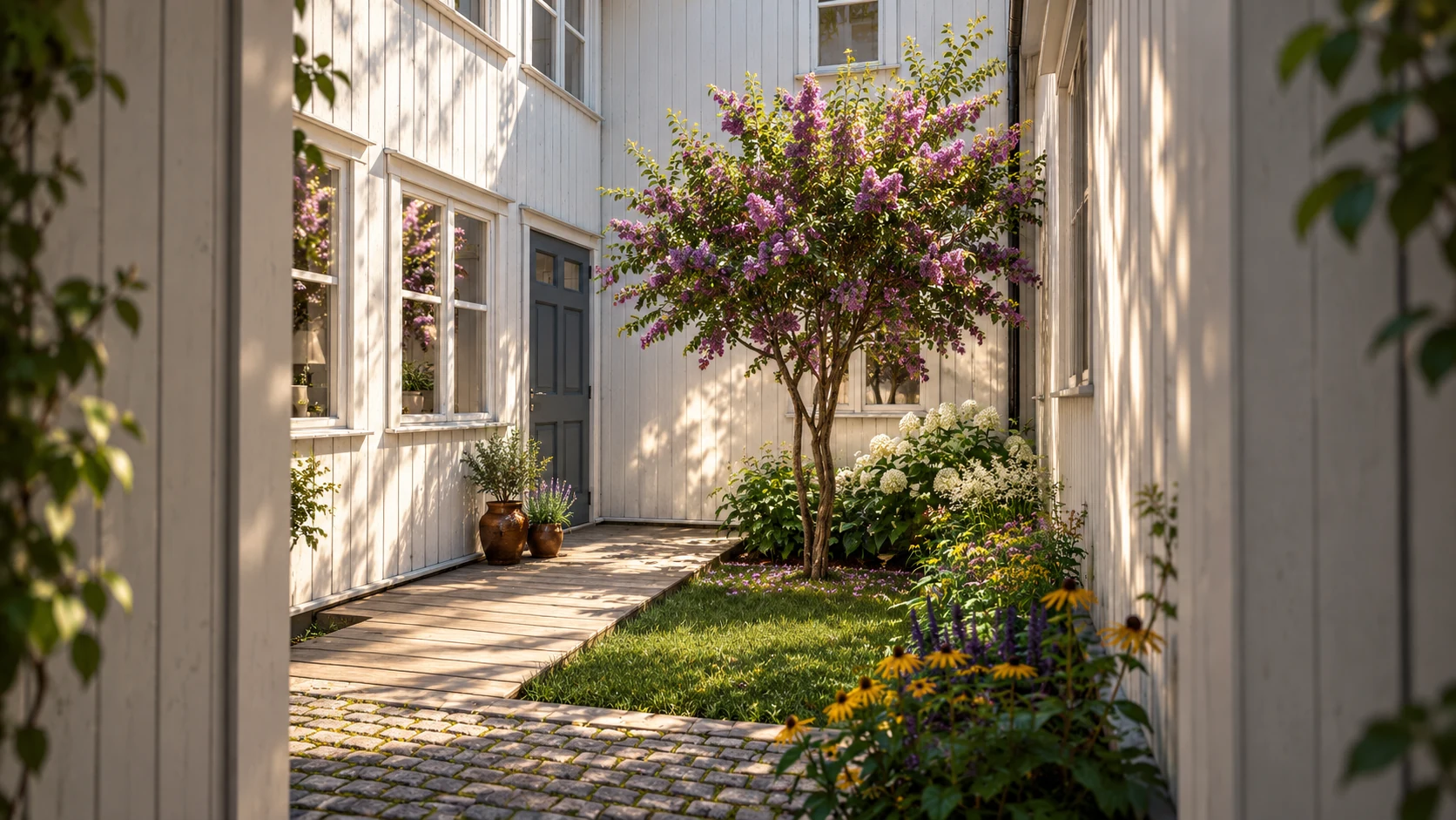 3D-visualisering av bakgården i Brandhaugveita 1 med hvit trekledning, beplantning og gangareal